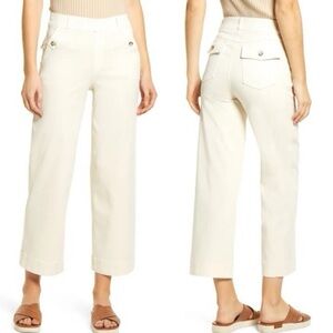 Spanx Stretch Twill Cropped Wide Leg Pants Small Parchment High Rise Pull On